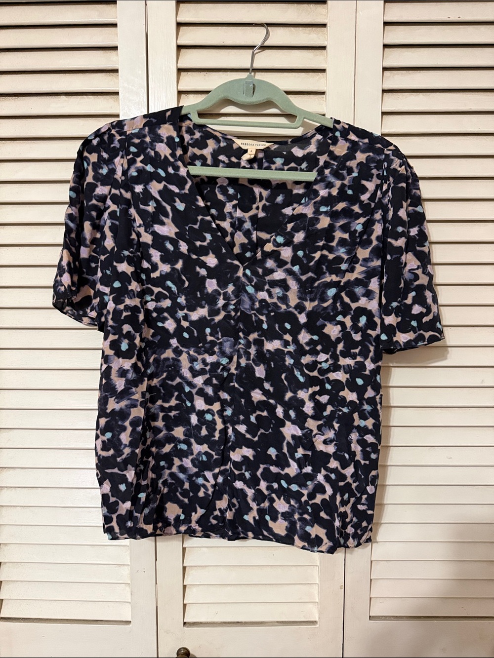 Rebecca Taylor Black & Pink Abstract Animal Print V-Neck Top